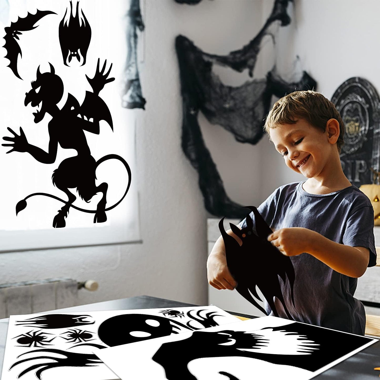 Halloween Window Cling Sticker,Giant Spooky Monster Silhouette Window Decal for Halloween Party Decoration,4 Sheet