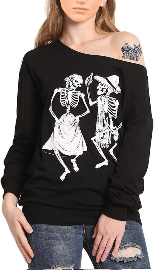 Women'S Christmas Halloween off Shoulder Skeleton Printing Funny T-Shirt Long Sleeve Sweatshirts Pullover Tops