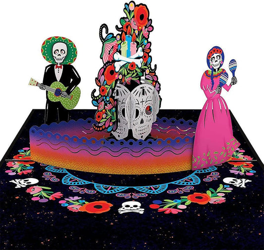 5X7 Dia De Muertos Pop up Greeting Card, Skull & Flower Design, 'Siempre En Mi Corazon' Text