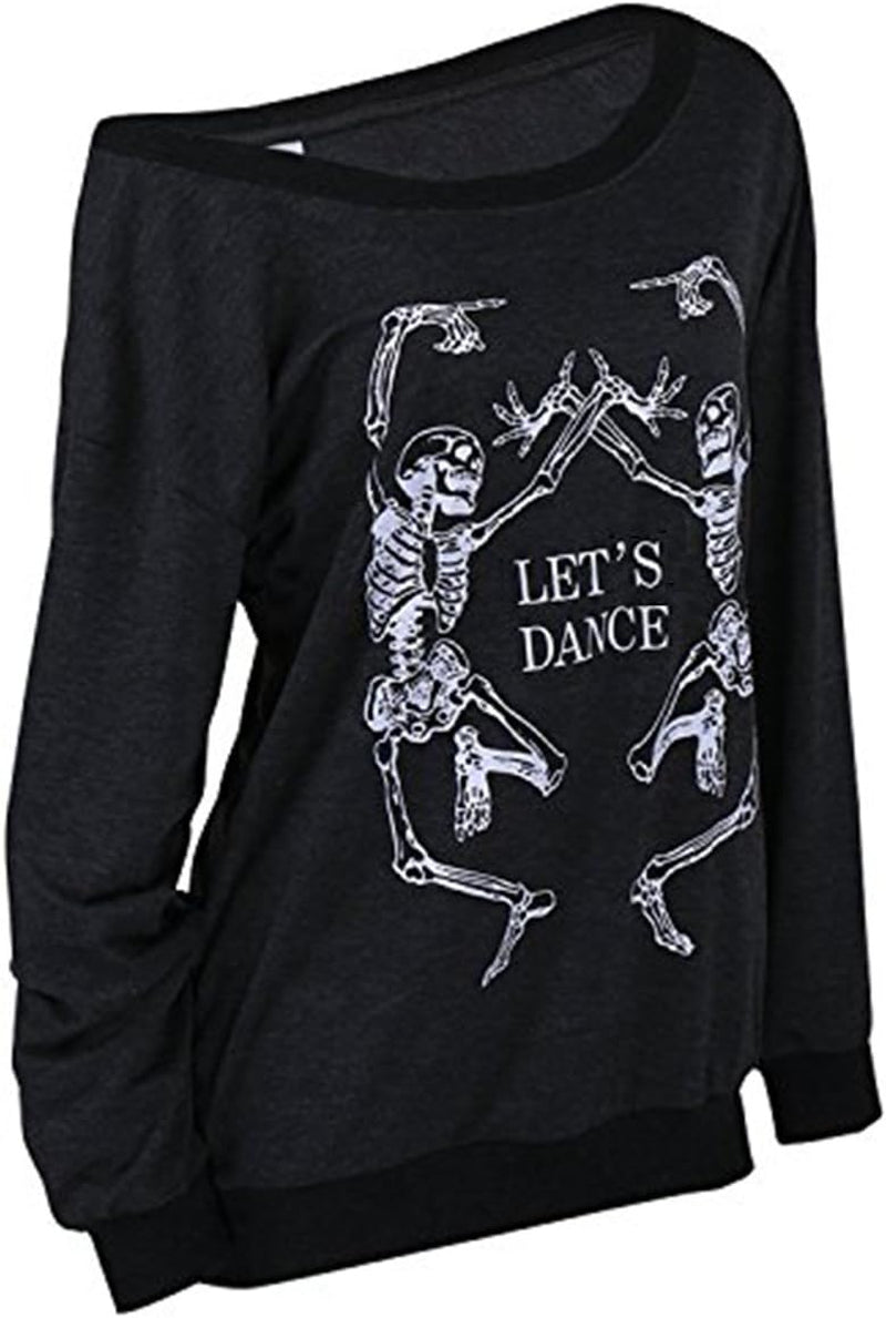Women'S Christmas Halloween off Shoulder Skeleton Printing Funny T-Shirt Long Sleeve Sweatshirts Pullover Tops