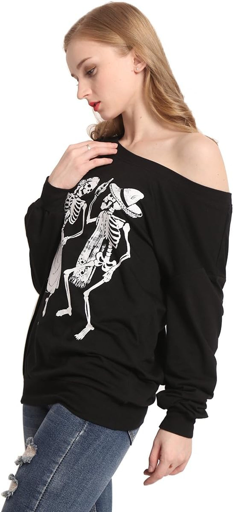 Women'S Christmas Halloween off Shoulder Skeleton Printing Funny T-Shirt Long Sleeve Sweatshirts Pullover Tops