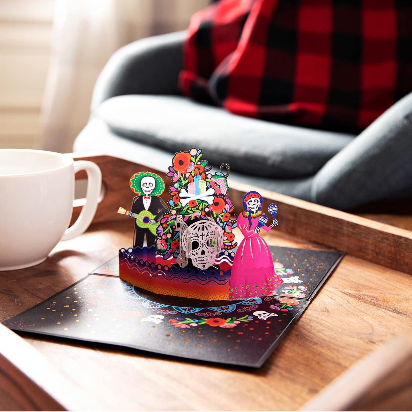 5X7 Dia De Muertos Pop up Greeting Card, Skull & Flower Design, 'Siempre En Mi Corazon' Text