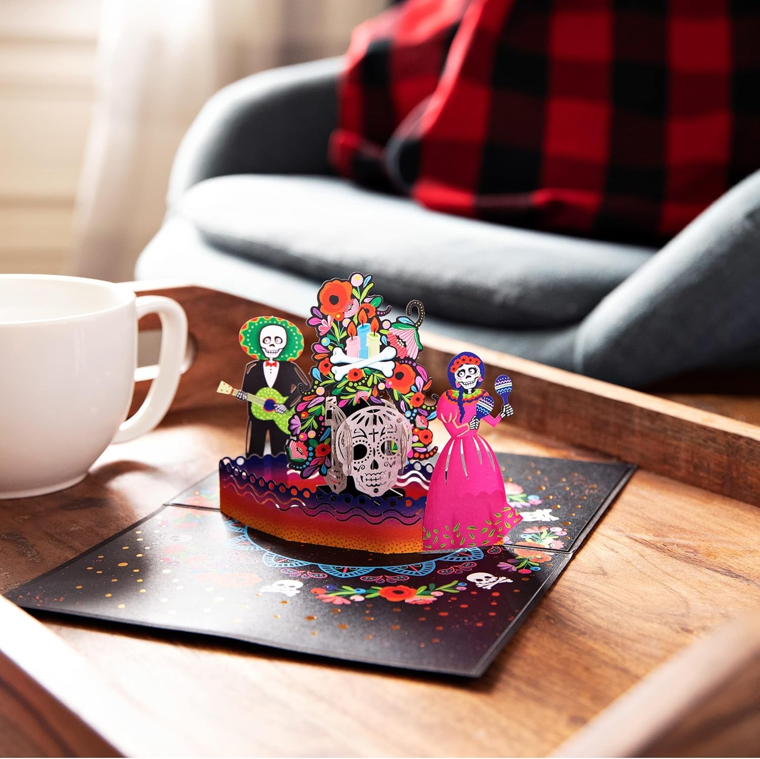5X7 Dia De Muertos Pop up Greeting Card, Skull & Flower Design, 'Siempre En Mi Corazon' Text