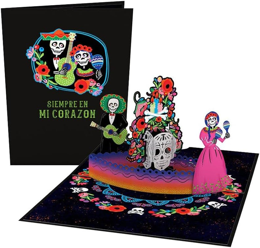 5X7 Dia De Muertos Pop up Greeting Card, Skull & Flower Design, 'Siempre En Mi Corazon' Text