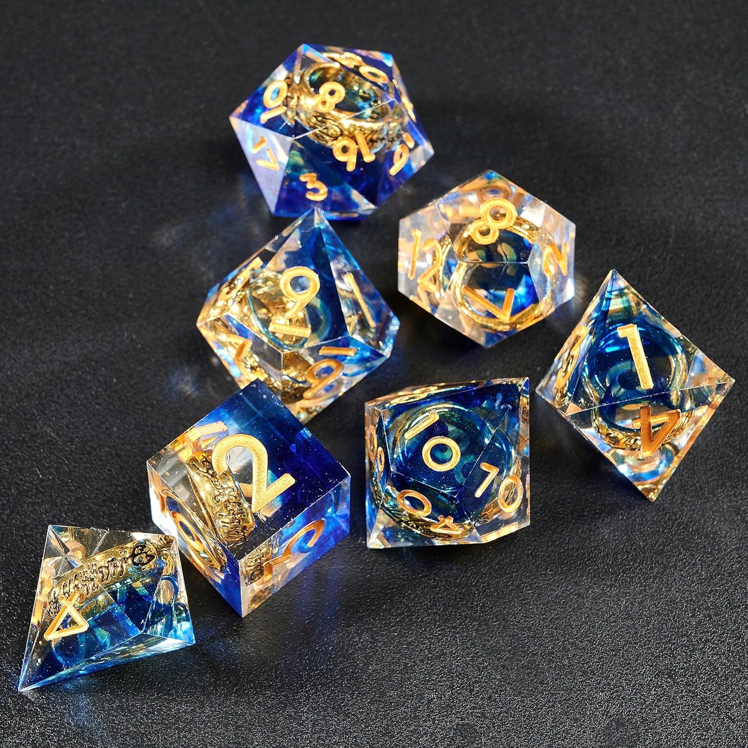 DND Dice Set Handcrafted Designer Ring Core Resin Dice 7Pcs Set with Sharp Edge for Dungeons and Dragons RPG MTG Table Games D&D Pathfinder Shadowrun and Math Teaching(Blue)