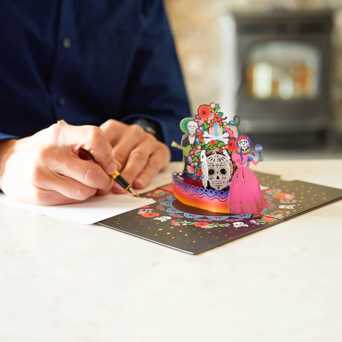 5X7 Dia De Muertos Pop up Greeting Card, Skull & Flower Design, 'Siempre En Mi Corazon' Text