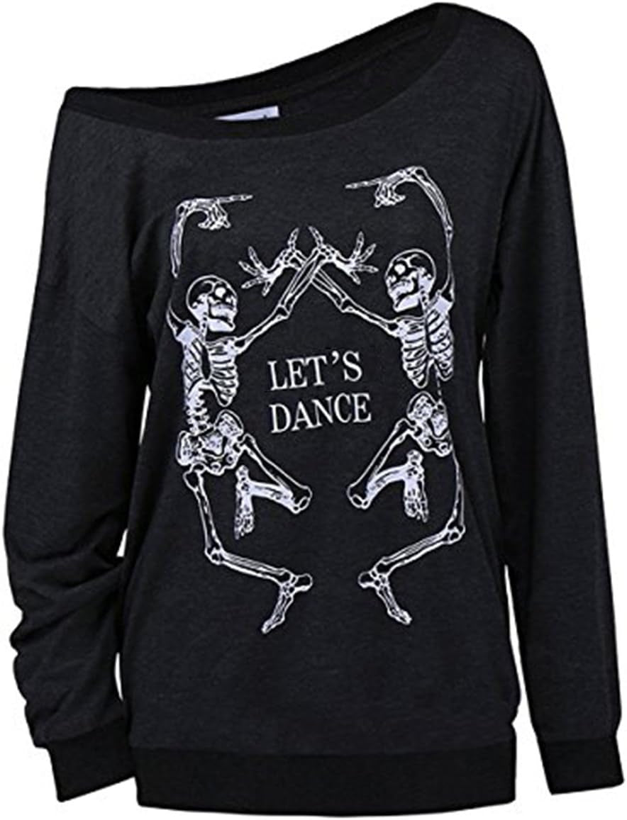 Women'S Christmas Halloween off Shoulder Skeleton Printing Funny T-Shirt Long Sleeve Sweatshirts Pullover Tops