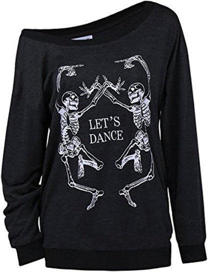 Women'S Christmas Halloween off Shoulder Skeleton Printing Funny T-Shirt Long Sleeve Sweatshirts Pullover Tops