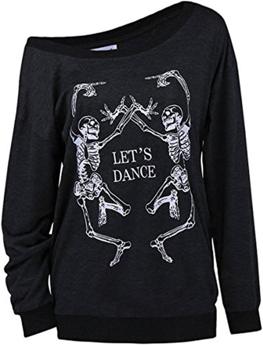 Women'S Christmas Halloween off Shoulder Skeleton Printing Funny T-Shirt Long Sleeve Sweatshirts Pullover Tops
