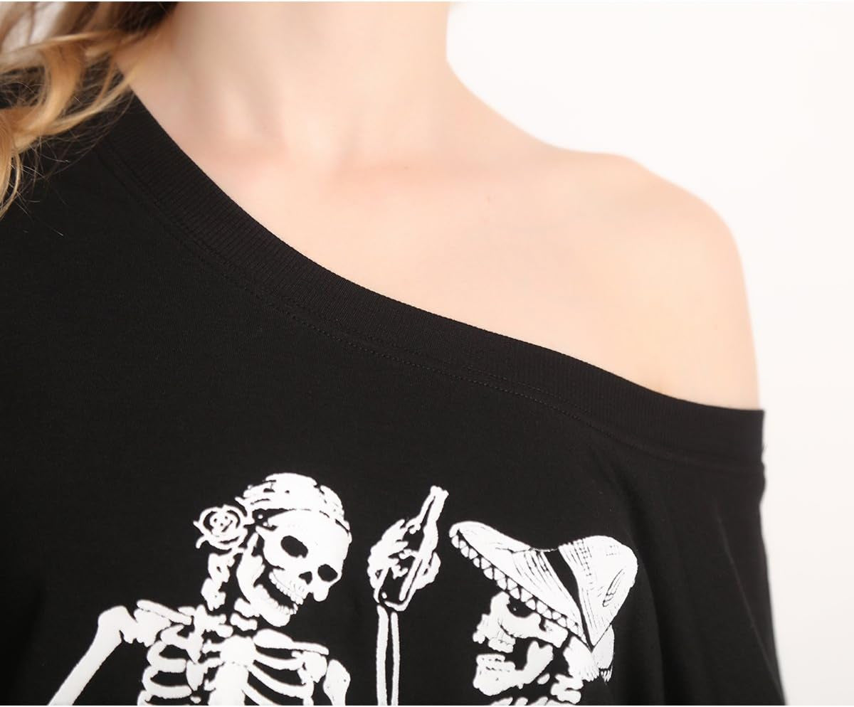 Women'S Christmas Halloween off Shoulder Skeleton Printing Funny T-Shirt Long Sleeve Sweatshirts Pullover Tops