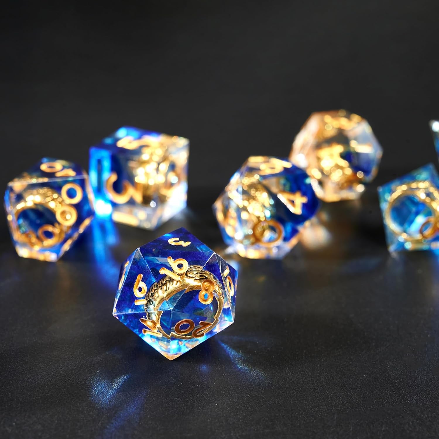 DND Dice Set Handcrafted Designer Ring Core Resin Dice 7Pcs Set with Sharp Edge for Dungeons and Dragons RPG MTG Table Games D&D Pathfinder Shadowrun and Math Teaching(Blue)