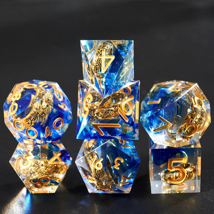 DND Dice Set Handcrafted Designer Ring Core Resin Dice 7Pcs Set with Sharp Edge for Dungeons and Dragons RPG MTG Table Games D&D Pathfinder Shadowrun and Math Teaching(Blue)