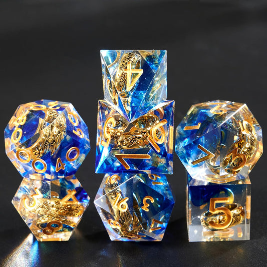 DND Dice Set Handcrafted Designer Ring Core Resin Dice 7Pcs Set with Sharp Edge for Dungeons and Dragons RPG MTG Table Games D&D Pathfinder Shadowrun and Math Teaching(Blue)