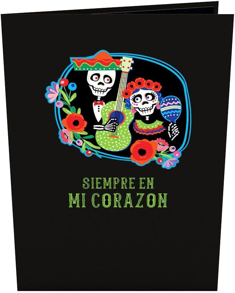 5X7 Dia De Muertos Pop up Greeting Card, Skull & Flower Design, 'Siempre En Mi Corazon' Text