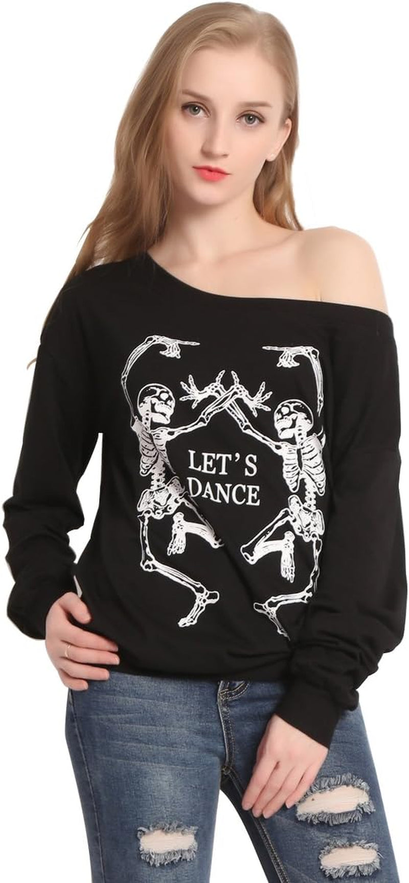 Women'S Christmas Halloween off Shoulder Skeleton Printing Funny T-Shirt Long Sleeve Sweatshirts Pullover Tops