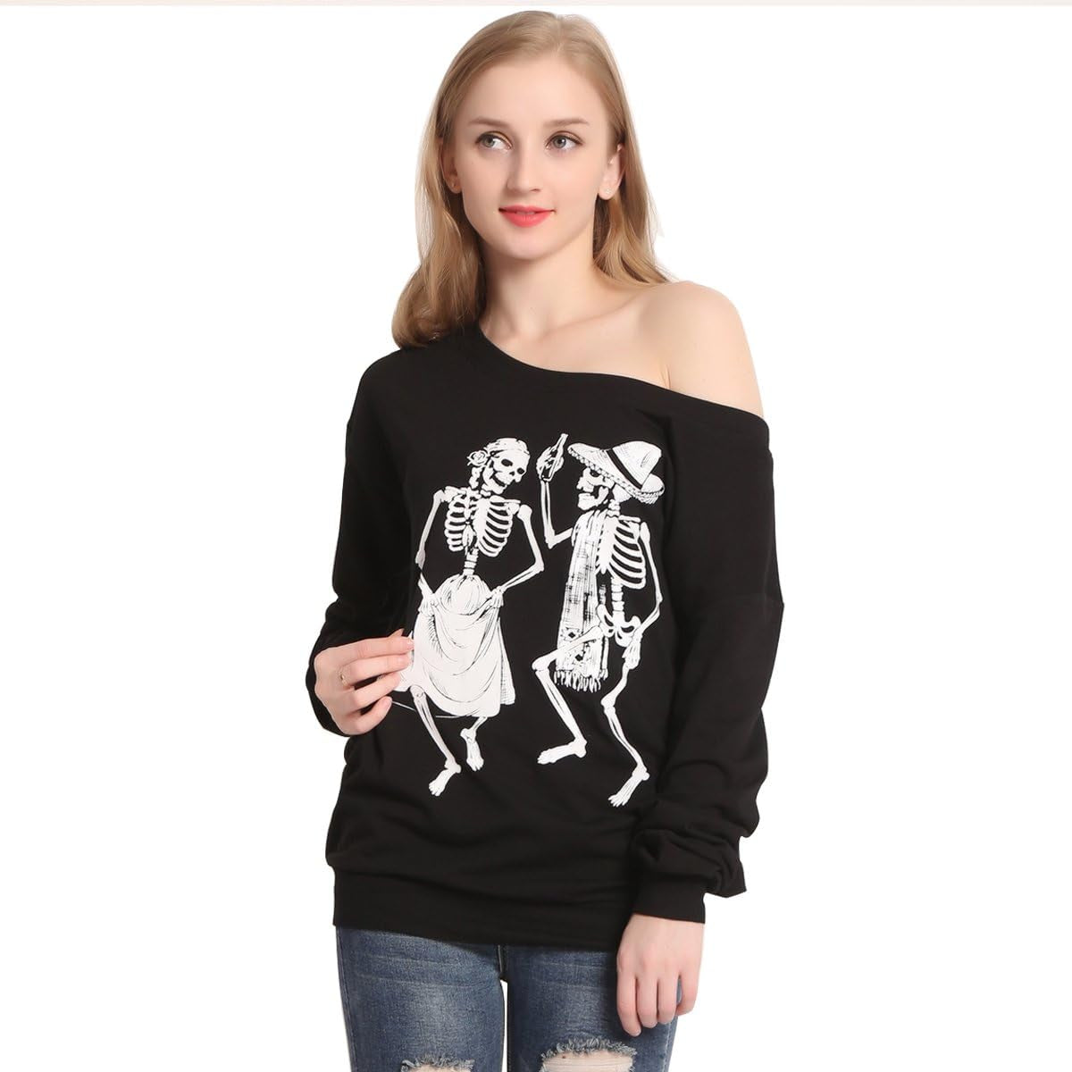 Women'S Christmas Halloween off Shoulder Skeleton Printing Funny T-Shirt Long Sleeve Sweatshirts Pullover Tops