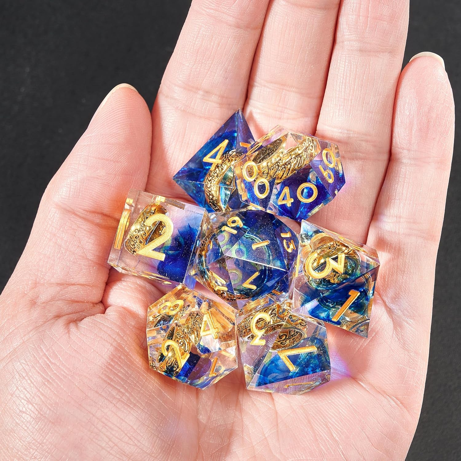 DND Dice Set Handcrafted Designer Ring Core Resin Dice 7Pcs Set with Sharp Edge for Dungeons and Dragons RPG MTG Table Games D&D Pathfinder Shadowrun and Math Teaching(Blue)