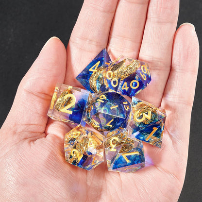 DND Dice Set Handcrafted Designer Ring Core Resin Dice 7Pcs Set with Sharp Edge for Dungeons and Dragons RPG MTG Table Games D&D Pathfinder Shadowrun and Math Teaching(Blue)