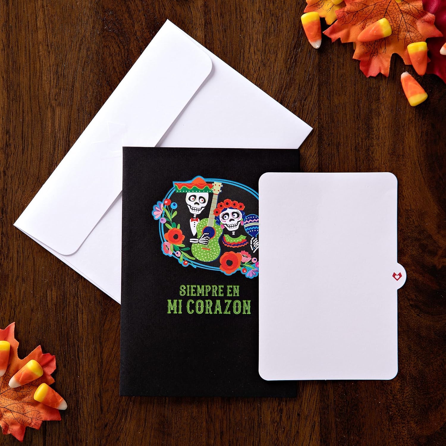 5X7 Dia De Muertos Pop up Greeting Card, Skull & Flower Design, 'Siempre En Mi Corazon' Text